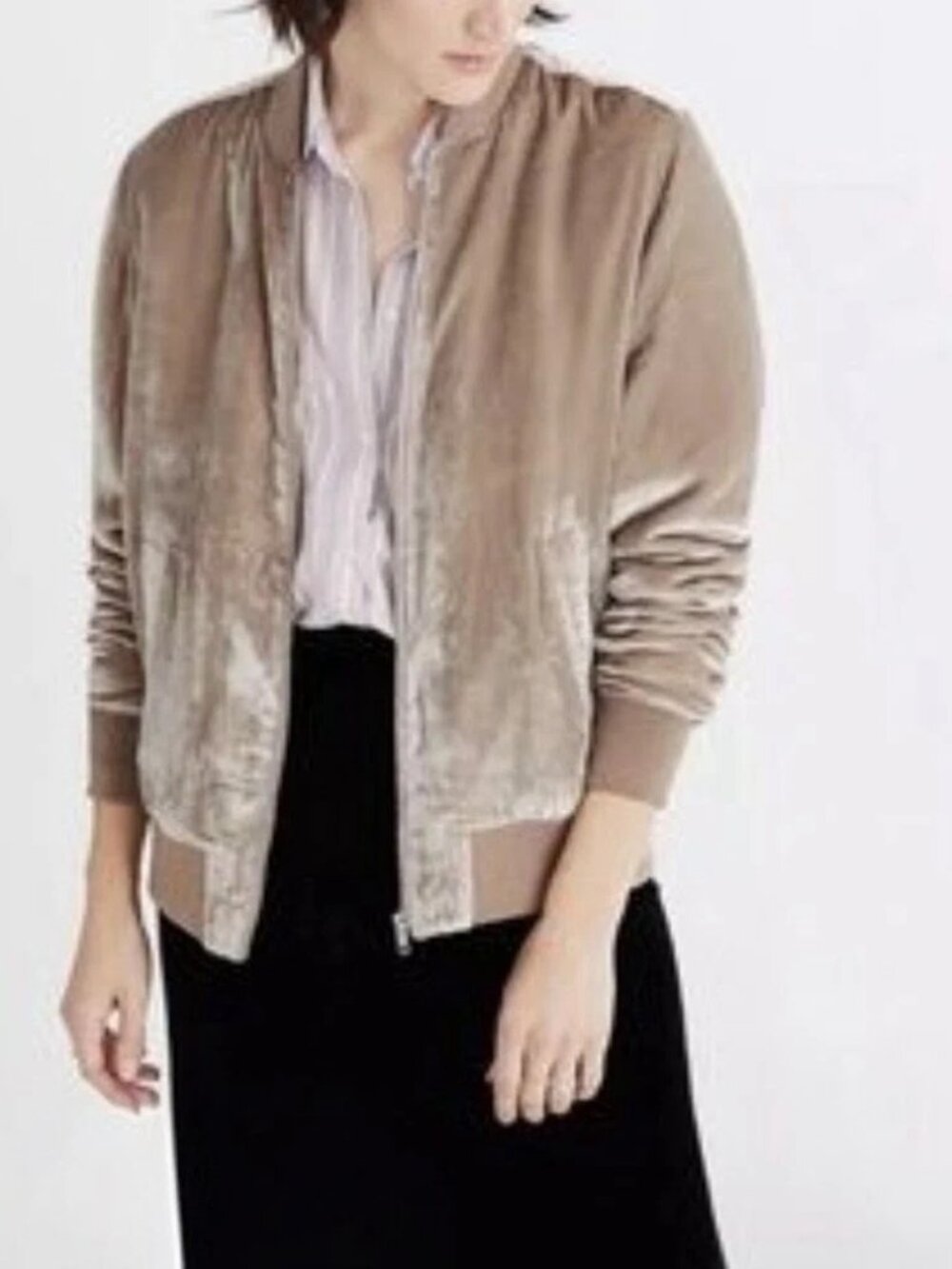 Madewell Velvet Bomber Jacket Beige Women's Full Zip Size XXS NWOT